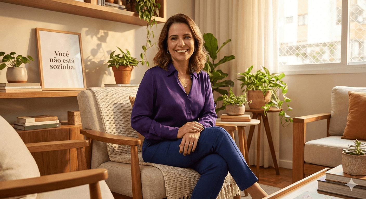 Mulher sorrindo, representando bem-estar na menopausa